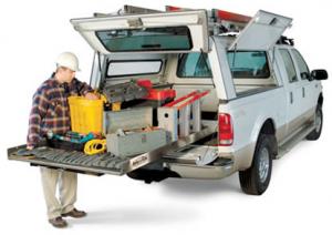 Leading irrigation repair equipment onto the pickup truck